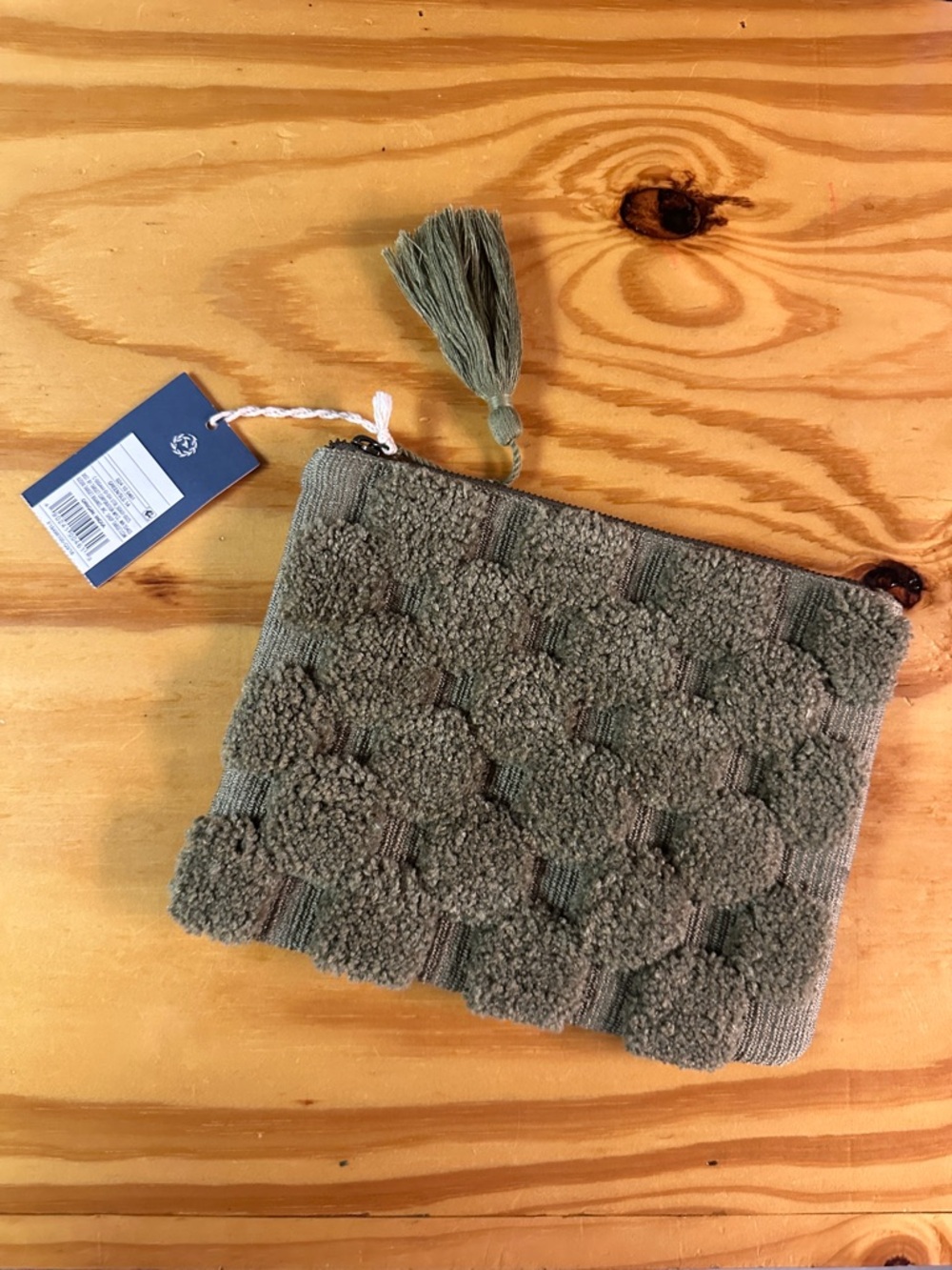 NWT Universal Threads Textured Pom-Pom Zip Pouch with Tassel - Olive Green